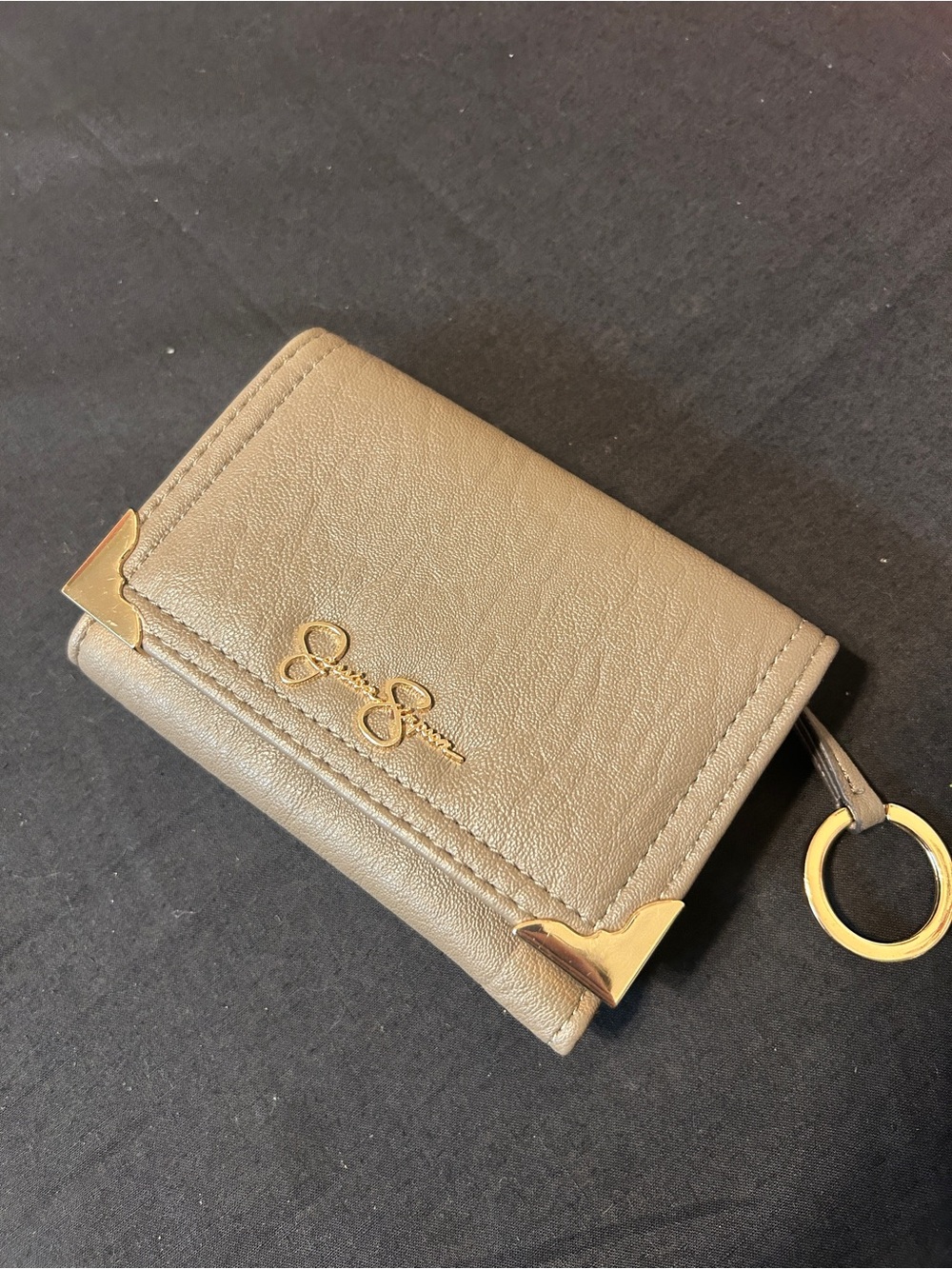 Jessica Simpson Embossed Taupe Leather Key Card Wallet with Gold Hardware